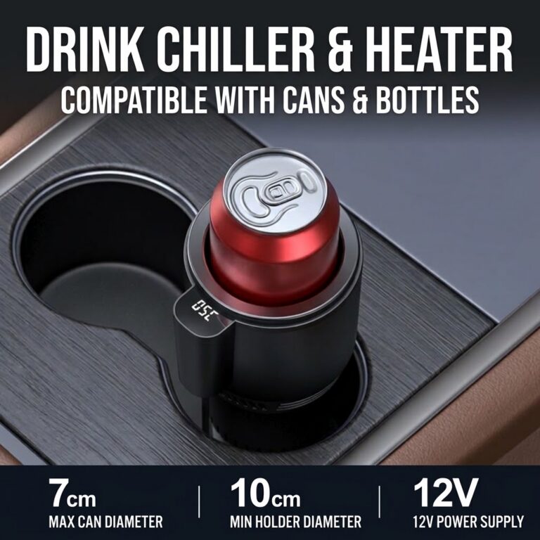12V car cup holding a can, with 7 cm maximum can diameter, 10 cm minimum holder diameter and a 12V power supply