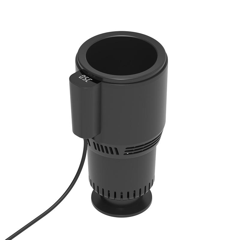 Black 12V car heating and cooling cup shown on a white background