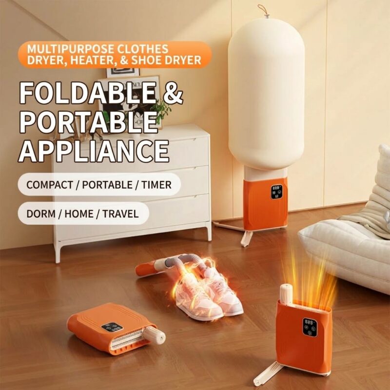 Foldable and portable 3-in-1 clothes dryer in use in a bedroom — drying clothes, drying shoes and heating a room