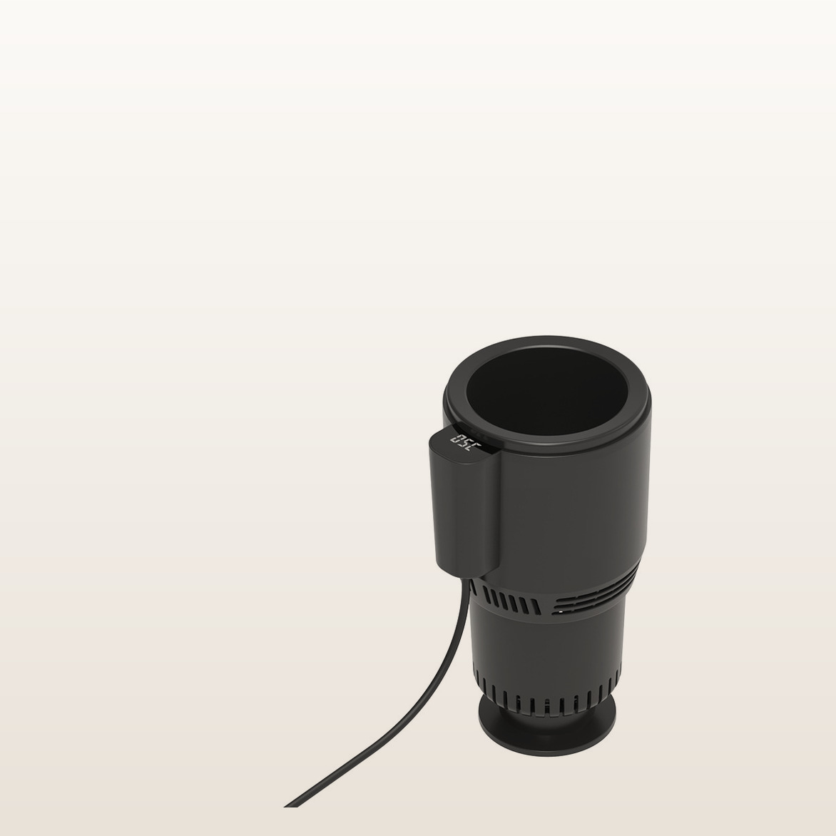 Black 12V car cup on a warm light background