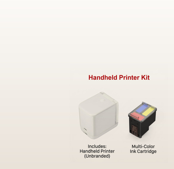 White handheld inkjet printer on a warm light background
