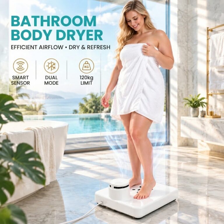 White step-on bathroom body dryer in a bathroom, with warm air rising from the platform