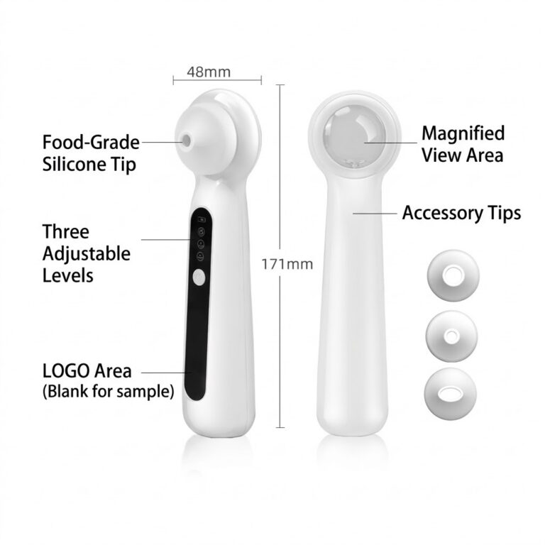 Front and back view of the blackhead remover with the 48 mm tip and 171 mm body marked, showing the silicone tip and magnified view area