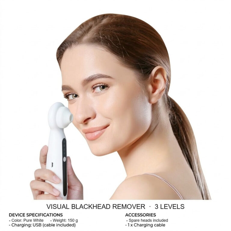 Woman holding the white visual blackhead remover against her cheek