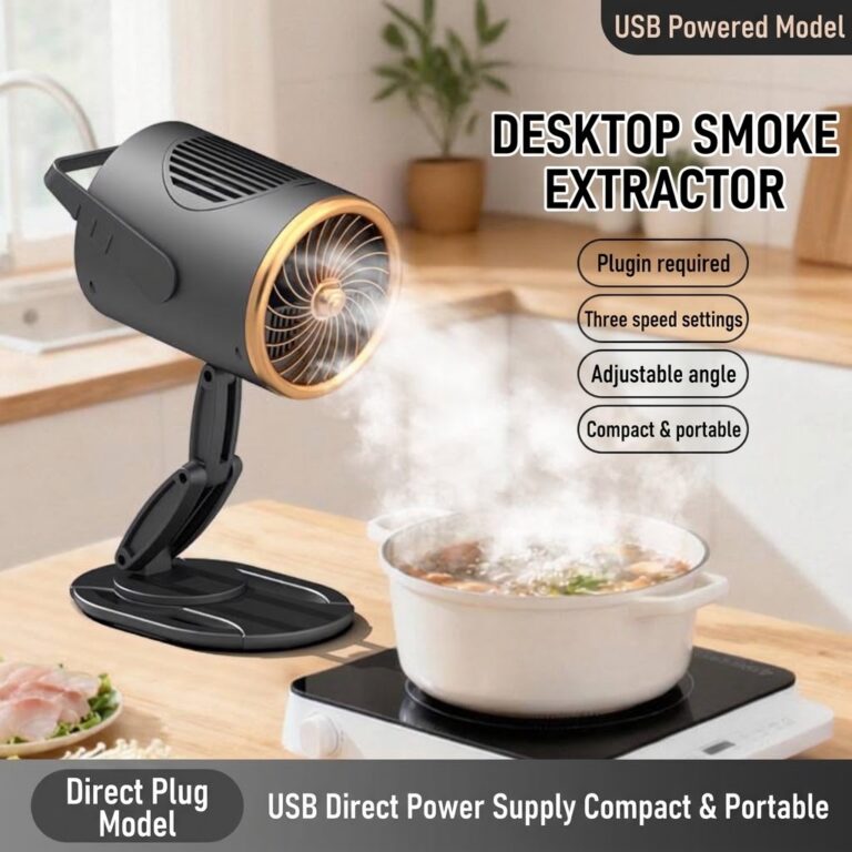 Plug-in desktop fume extractor next to a steaming pot on a tabletop induction hob