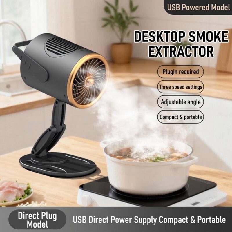 Plug-in desktop fume extractor next to a steaming pot on a tabletop induction hob