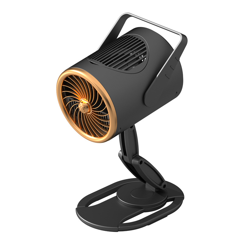 Black and gold desktop fume extractor with a round grille and a folding stand, on a white background