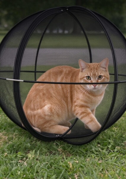 Cat sitting inside the spherical mesh tent on a lawn