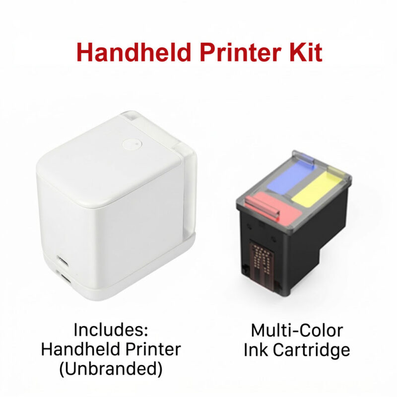 White handheld inkjet printer next to a multi-color ink cartridge, on a white background