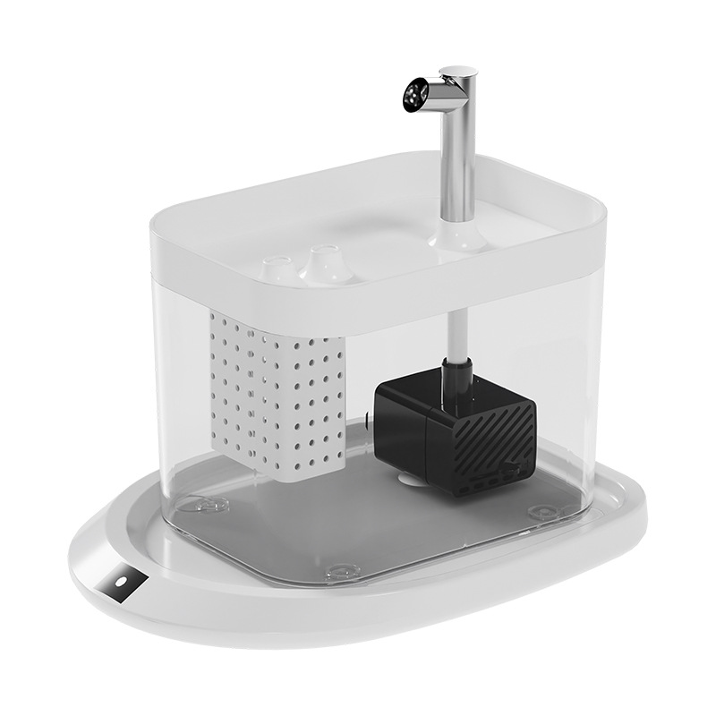 Transparent heated pet water fountain with a white heating base and a stainless spout, on a white background