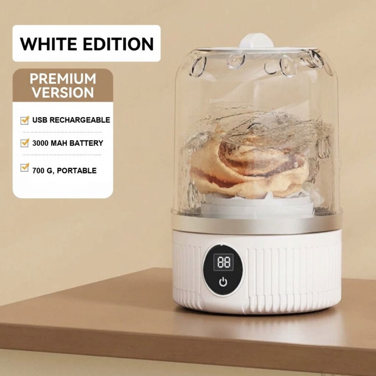 White portable mini washing cup with the lid closed, on a beige background