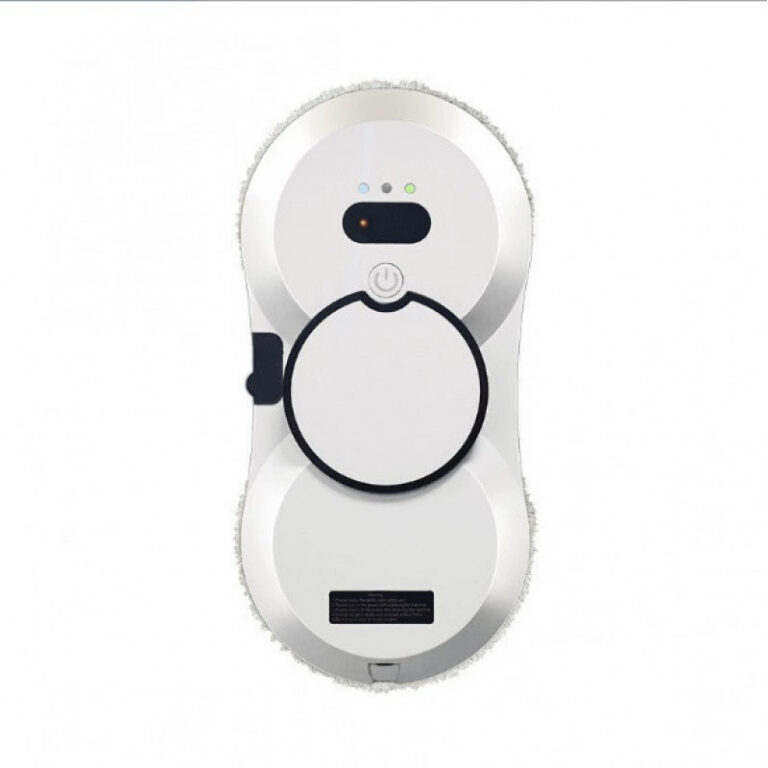 White robot window cleaner seen from above, with two rotating pads and a control panel