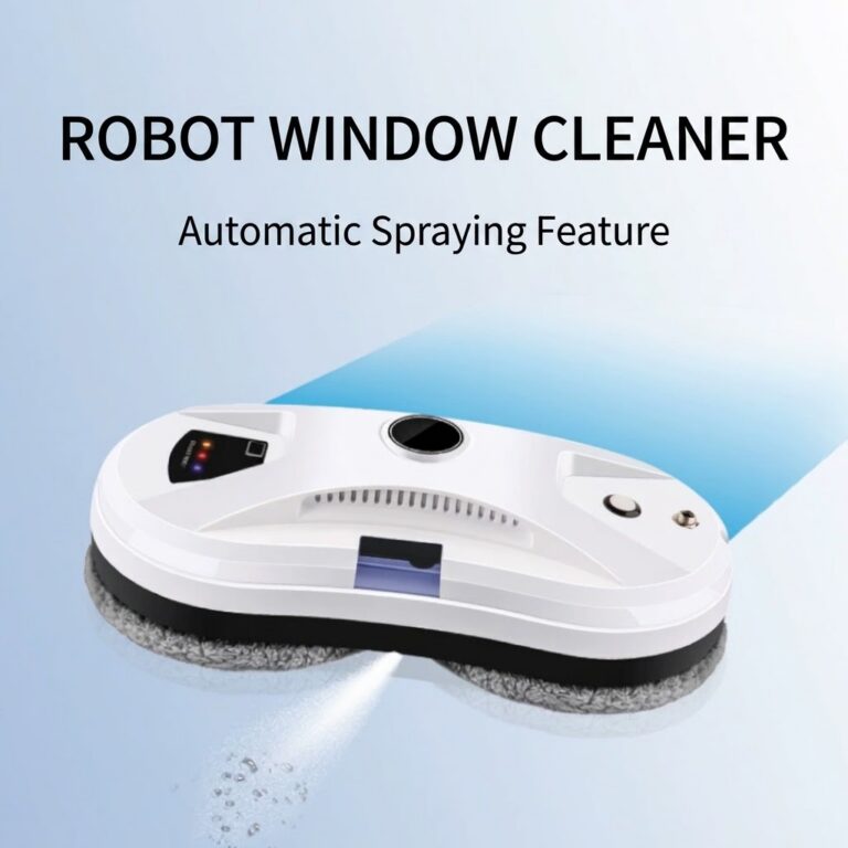Robot window cleaner spraying water ahead of its cleaning pads