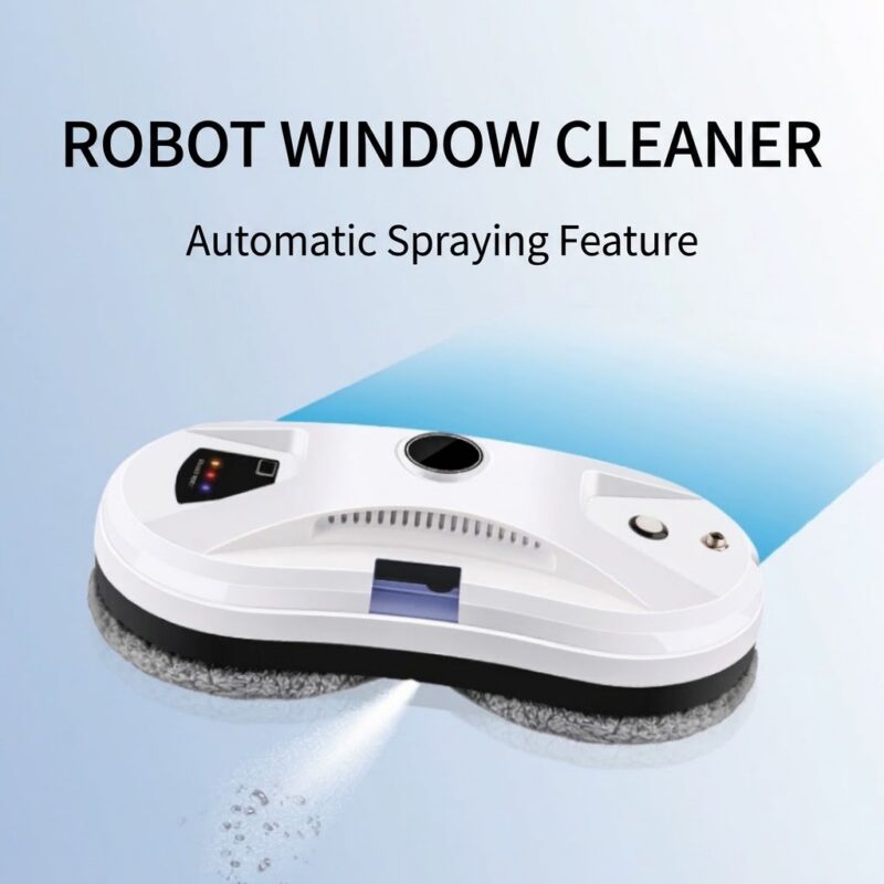 Robot window cleaner spraying water ahead of its cleaning pads