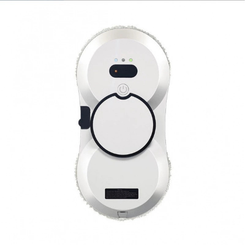 White robot window cleaner seen from above, with two rotating pads and a control panel