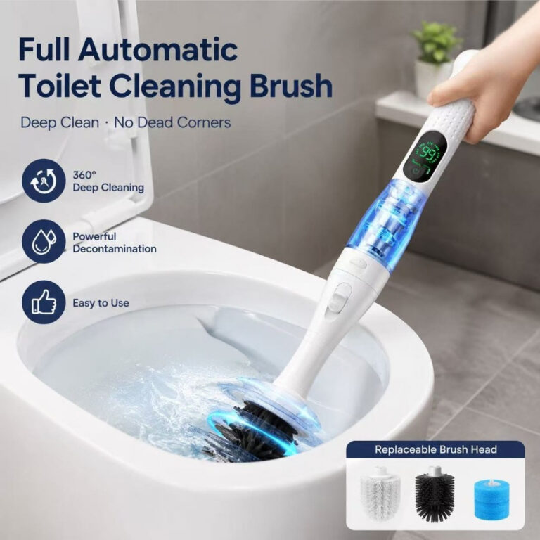The electric toilet brush cleaning inside a toilet bowl