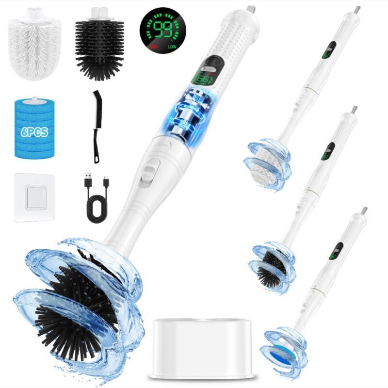 White cordless electric toilet brush laid out with its spare brush heads, charging cable and wall mount