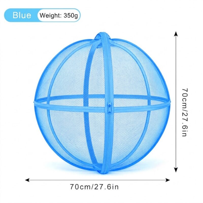Blue spherical mesh cat tent, 70 cm across, on a white background