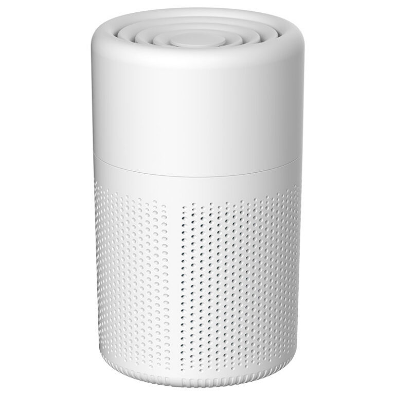 White USB desktop air purifier with a perforated body and a circular fan grille on top, shown on a white background
