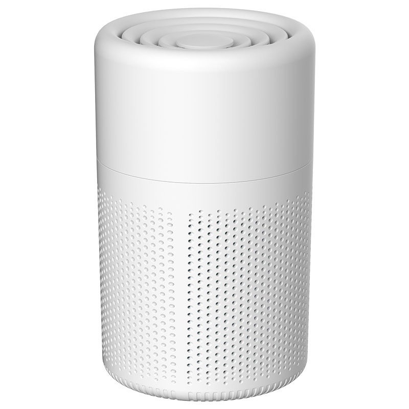 White USB desktop air purifier with a perforated body and a circular fan grille on top, shown on a white background